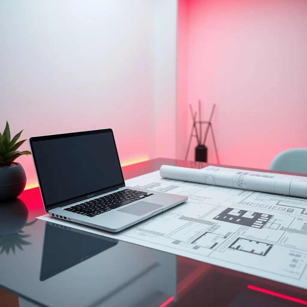 Clean minimalist workspace with a sleek silver laptop, archi