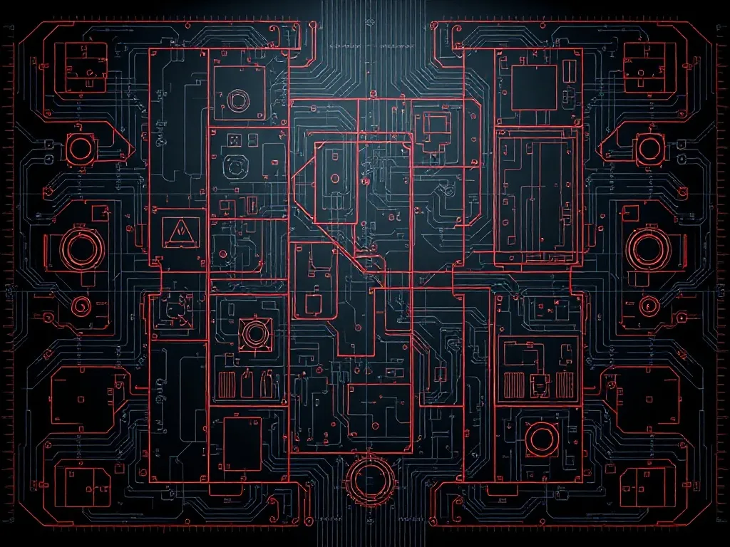 Dark technical schematic of a complex grid system, futuristi