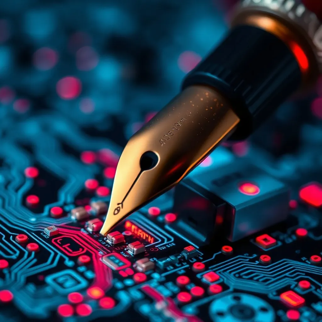 Macro photography of a high-end fountain pen nib touching a
