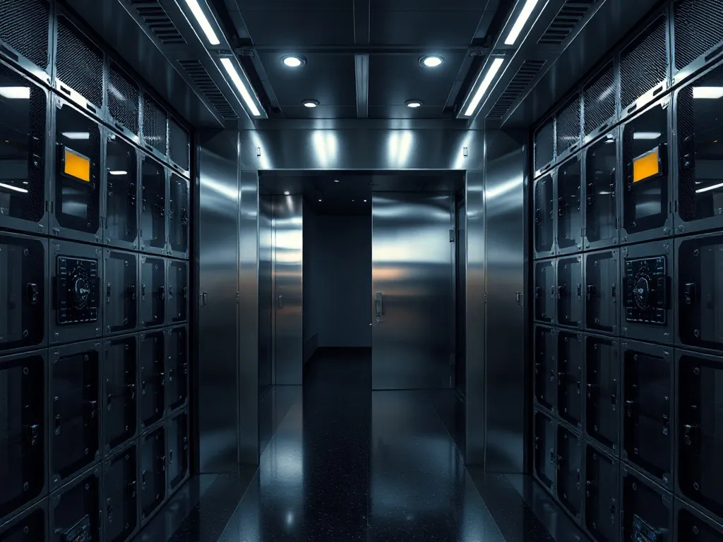 A minimalist architectural structure of a digital vault, cle